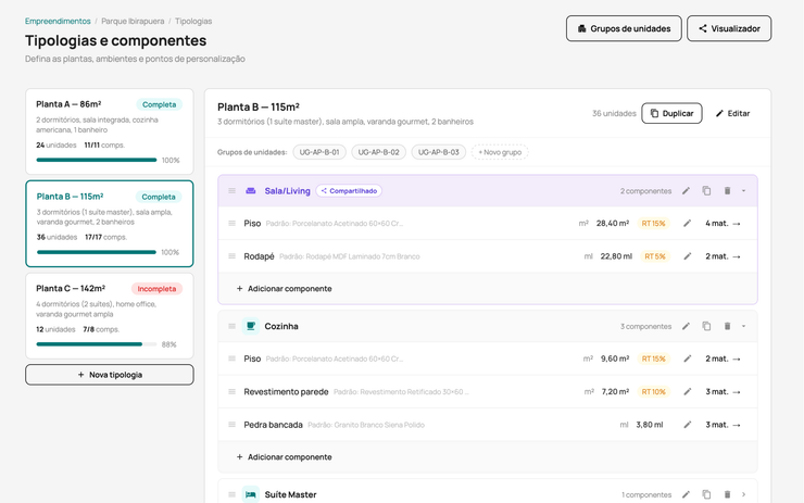 Tela do Planner: configuração do memorial com tipologias, ambientes, materiais e kits num só lugar