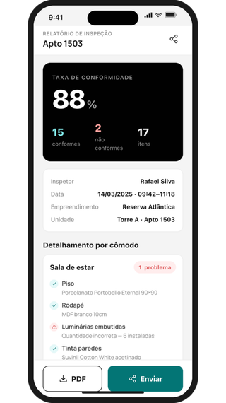Tela do Inspetor: relatório de conformidade consolidado para a obra e a diretoria