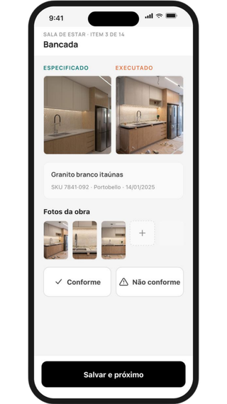 Tela do Inspetor: vistoria item a item, comparando o especificado com o executado, com foto e não conformidade