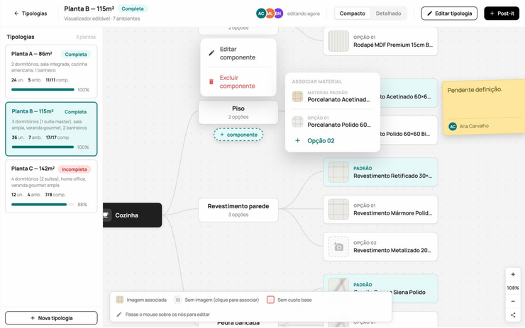 Tela do Planner: mapa editável de materiais, conectado ao orçamento e às escolhas do cliente